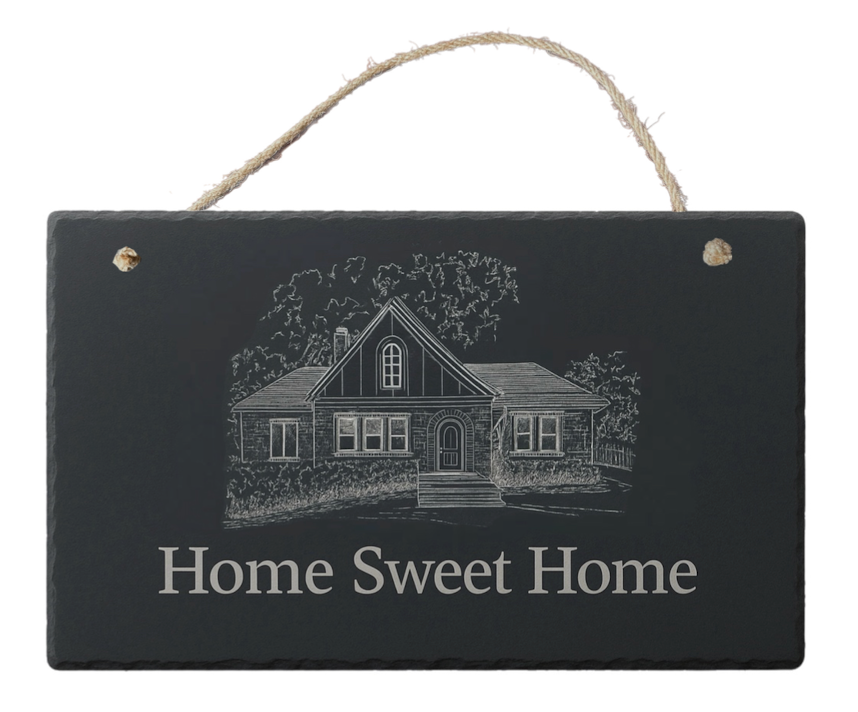 Custom Home Engraved Gift Bundle – Slate Charcuterie Board, Coaster Set & Hanging Sign (Save 15%)