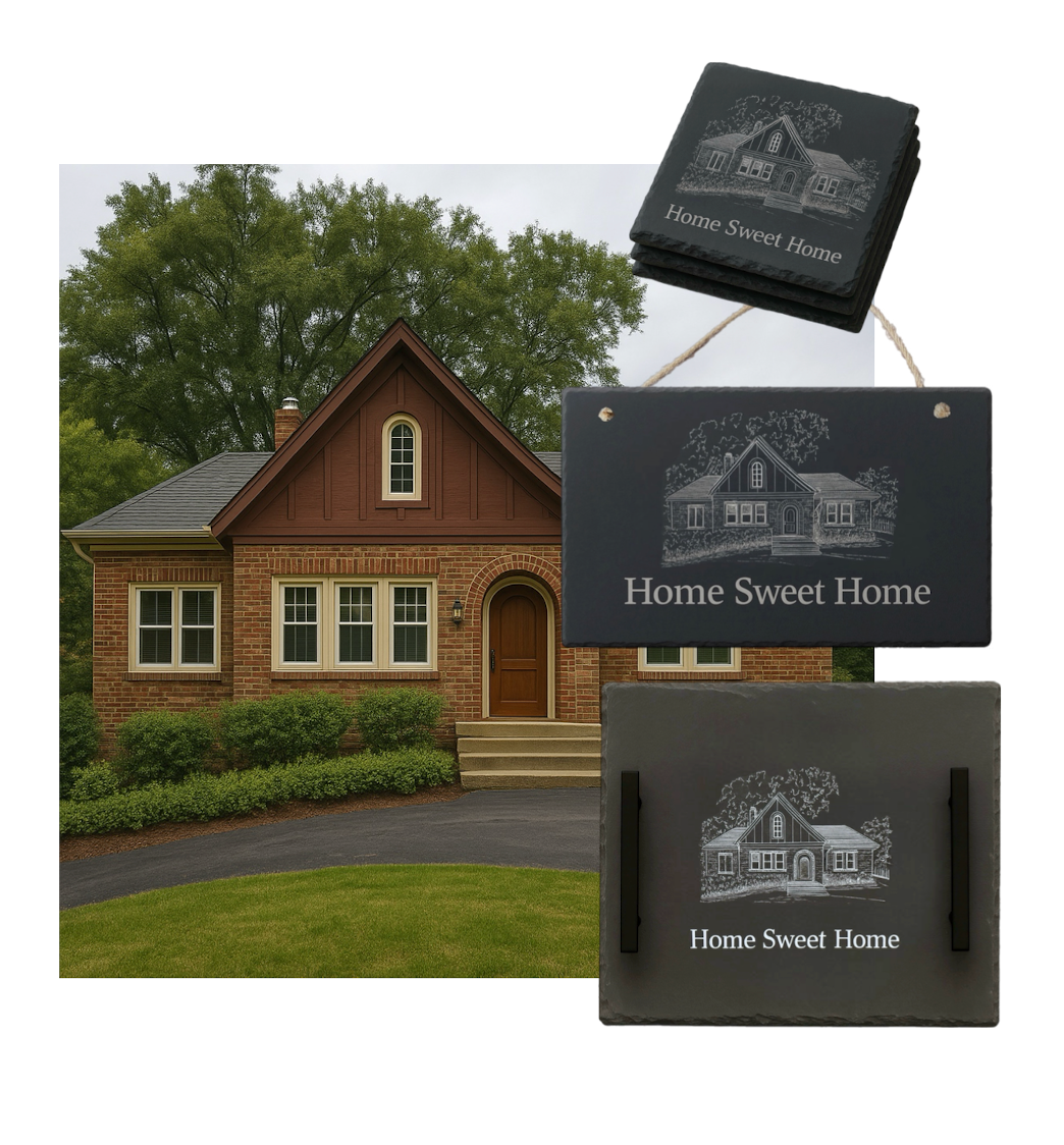 Custom Home Engraved Gift Bundle – Slate Charcuterie Board, Coaster Set & Hanging Sign (Save 15%)